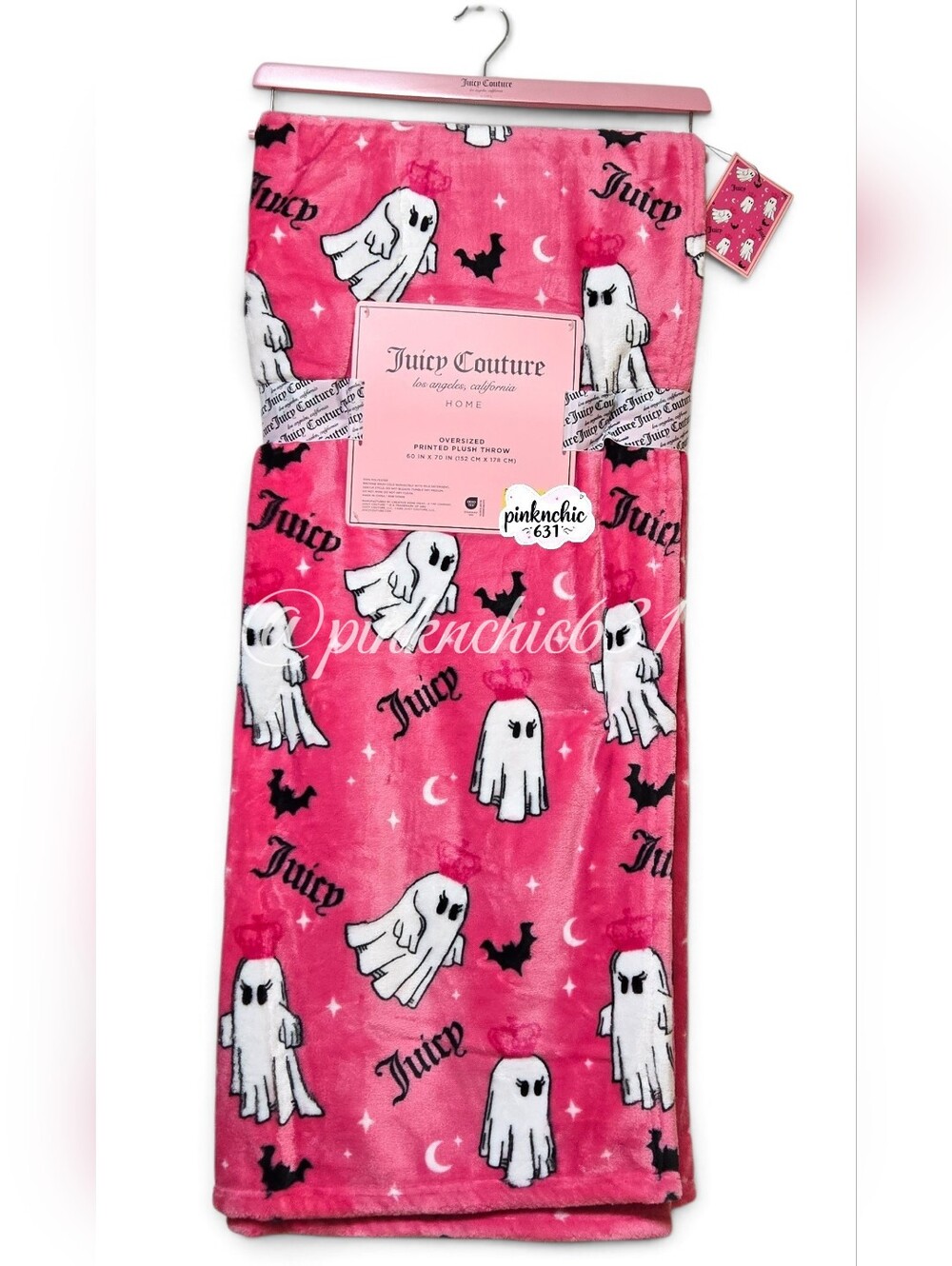 VIRAL JUICY COUTURE HOT PINK CROWN & LOGO GHOST PLUSH THROW BLANKET